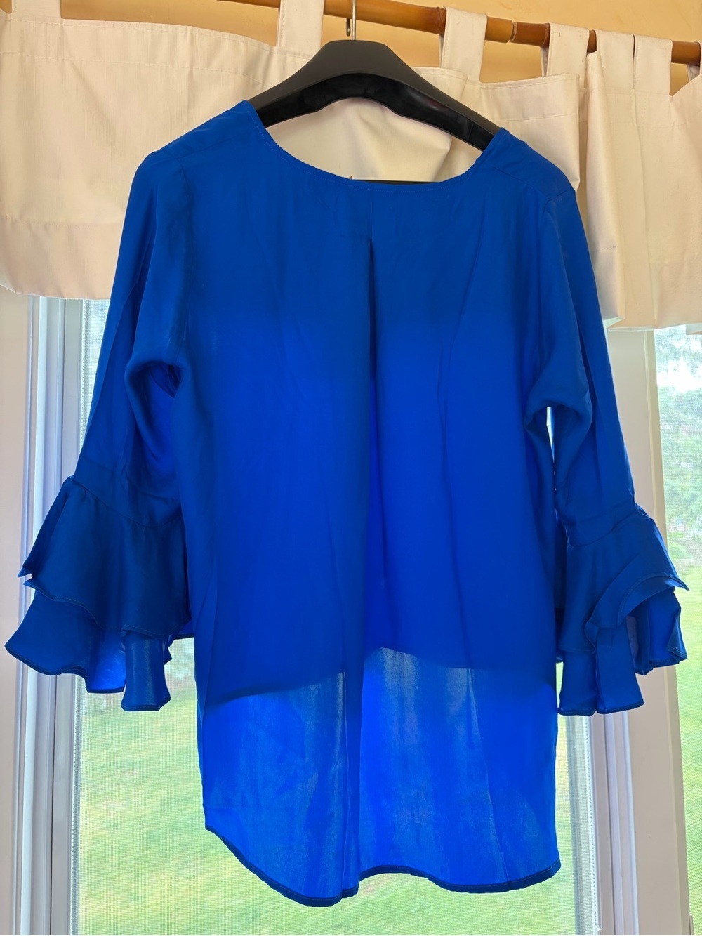 LaRoque Original | Royal Blue Ruffle Sleeve Silk Women's Blouse - Picture 3 of 10